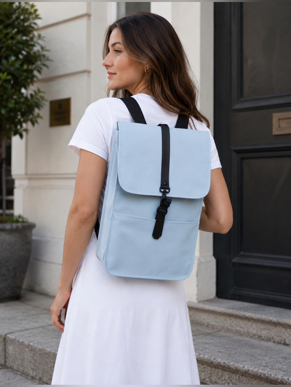Rains Light Blue and Black Minimalist  Backpack